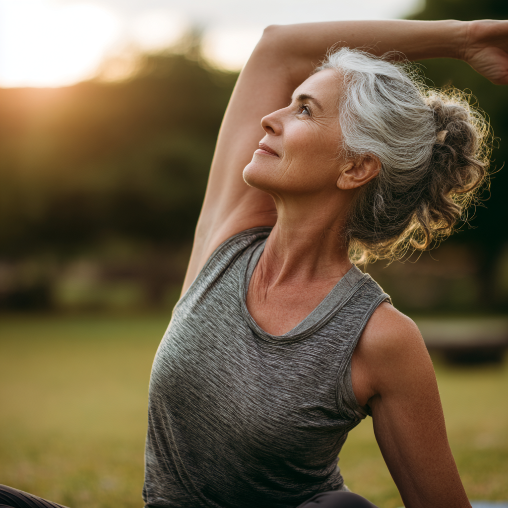 mature woman stretching in peaceful environment with focus on wellness